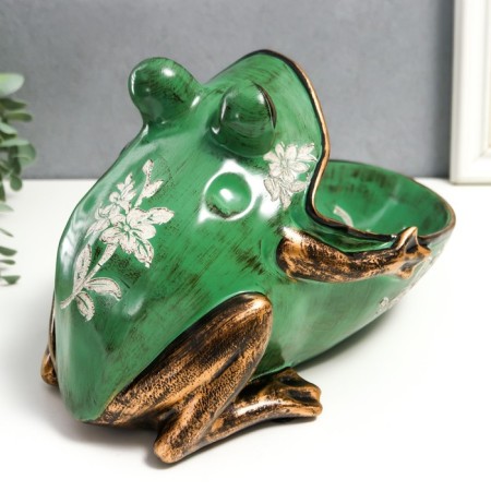 Souvenir Polystone stand "Frog with flowers" aged green 18x26 cm-4