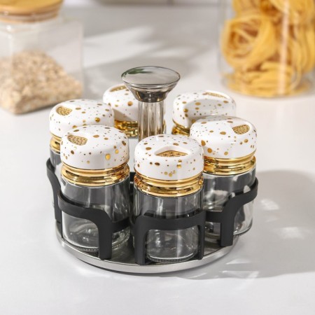 Glass spices on a stand on the Magistro “White Marble” stand, 6 pcs, white color