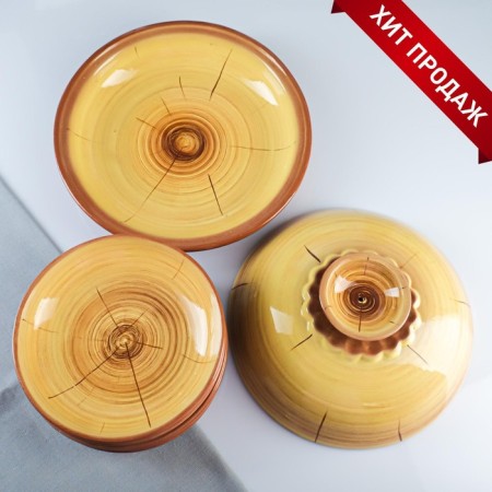 Set for pancakes 7 items: 1 pc. Pancake, 6 pcs. plates, with painting, juniper