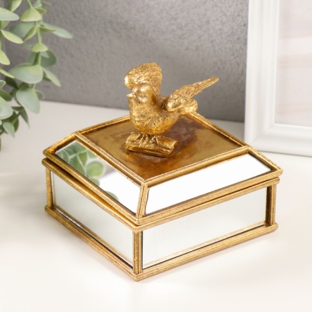 Polystone box, Golden Bird mirror 10.5x10.5x10 cm