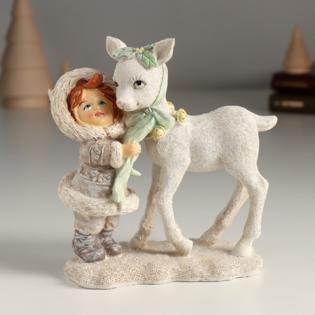 Polystone souvenir "Baby with white deer" 12x6x13 cm
