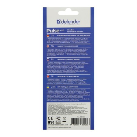 Headphones Defender Pulse 420, vacuum, microphone, 105 dB, 32 Ohm, 3.5 mm, 1.2 m, black and blue-2