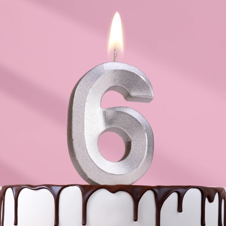 Candle in the Cake "Fine", number "6", silver metallic, 6.5 cm