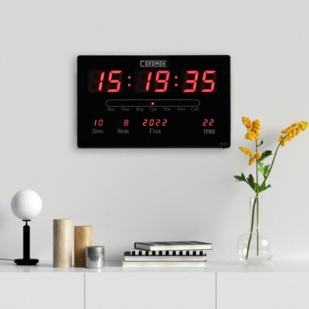 Electronic wall clock, alarm clock, calendar, thermometer, 20 x 3 x 33 cm, red-1