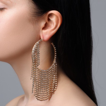Hanging earrings with rhinestones "Waterfall" threads on large rings, white color in gold, 12 cm-3