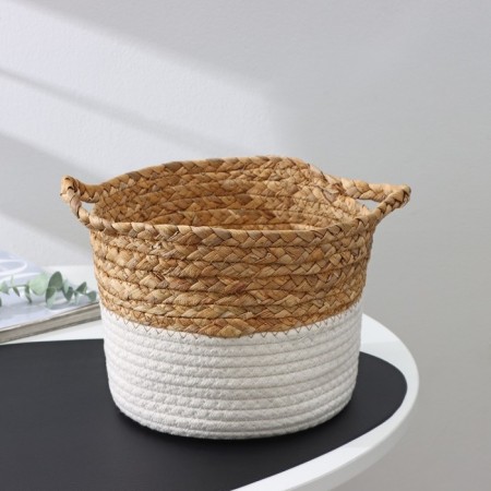 Handmade storage basket, with handles, reeds, cotton, 20 × 20 × 15 cm