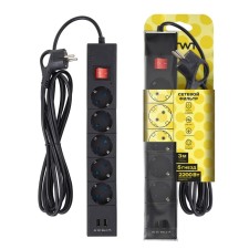 Network filter, 5 nests, 3m, s/h, curtains, PVS 3 IP0.75, 2USB, 2200W, 10A, Chern, 32593