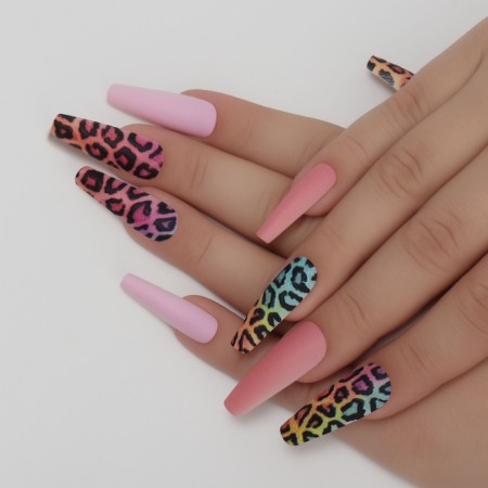 Follow nails "Bright leopard", 12 pcs, with adhesive plates, ballerina form, multi -colored-7