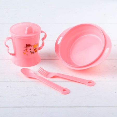 A set of children's dishes, 4 items: bowl, spoon, fork, chip with solid nose 200 ml, MIX color-1