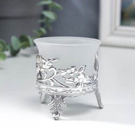 Glass candlestick, 1 candle "Flowers" silver 6.5x6x6 cm-1