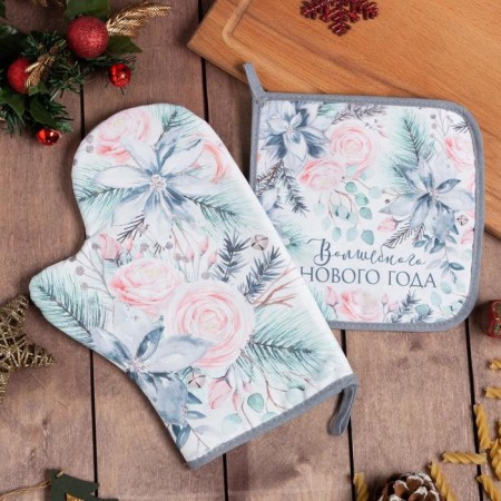 Kit kitchen Christmas flowers mittens-output 20x28cm, 19x19cm severity, 100% cotton