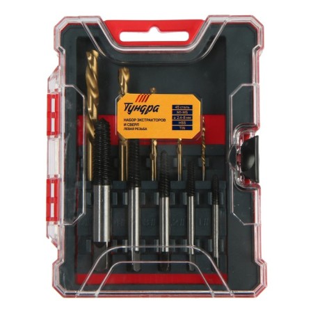 A set of extractors and tundra drills, left thread, 45 steel M1-M5, D = 2.4-8 mm HSS, TIN-5