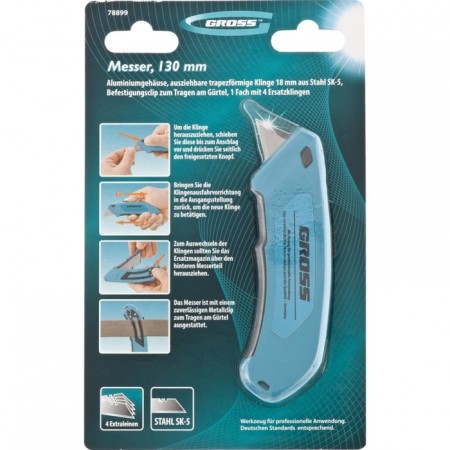 Wallpaper knife GROSS, 130 mm, alum. Corps, otv. Trapez. blade, 18 mm, 4 blades-3