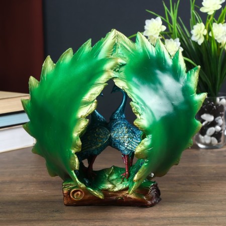 Polystone souvenir "Two green peacocks on a log with open tails" rhinestones 25x15x27 cm-2