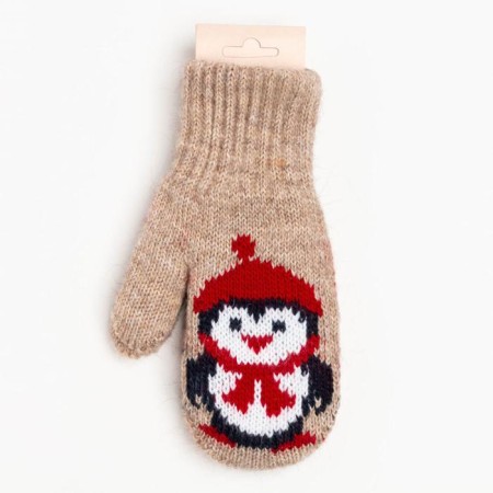 New Year. Double children's mittens, beige color/penguin, size 12 (3-6 years)-3