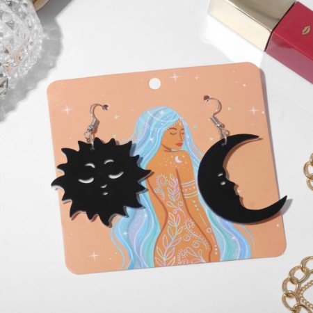 Acryl Earrings "crescent and sun", black and white color in silver-1
