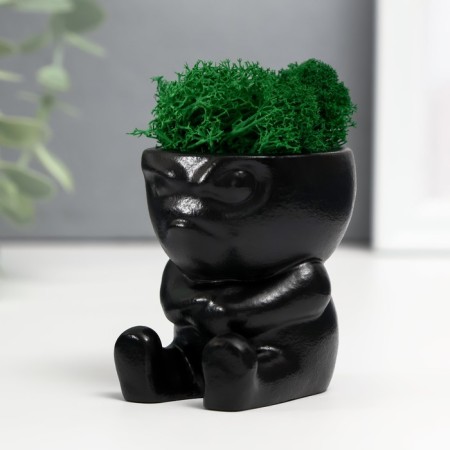 Concrete Kashpo "Mr. Evil" with moss 7*6cm black (moss green stabilized)