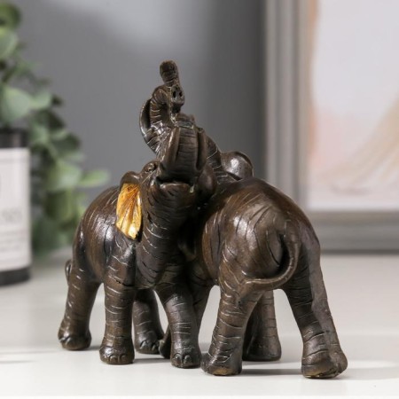 Polystone souvenir "Two elephants of African brown" gold ears 11x12x5.5 cm-2