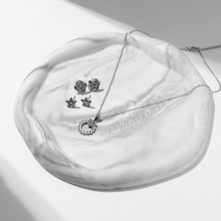 Set 4 objects: earrings (3 pairs), pendant “Flower set”, white color in silver, 45 cm-6