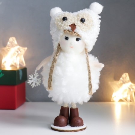 Interior doll "Girl in a curly white fur coat and owl cap" 15.5 cm