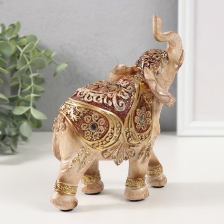 Polystone souvenir "Elephant, flowers and patterns on the blanket" Gold and Bezh 14x6x16 cm-2