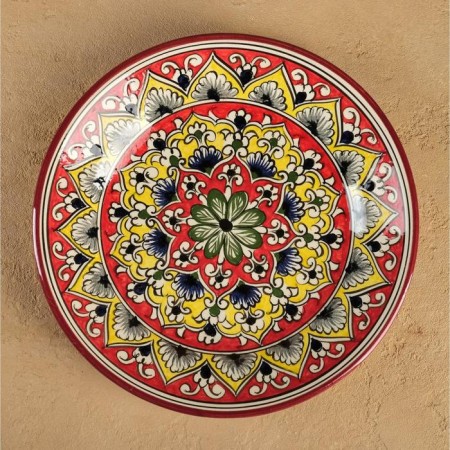 Plate of the Rishtan ceramics "Kalam", 23 cm, red-yellow, Mix patterns-5