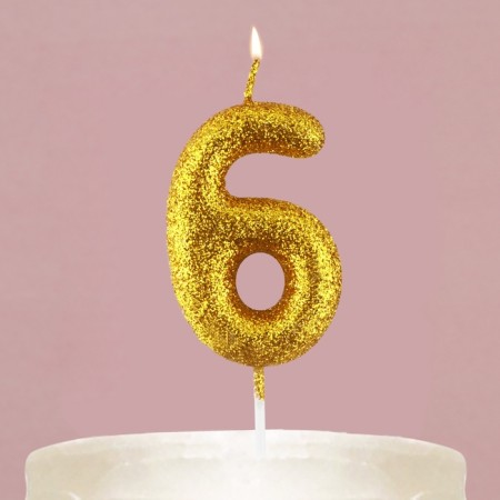 A candle for a cake, a number, shiny "6", gold, 4 x 10 cm.-5
