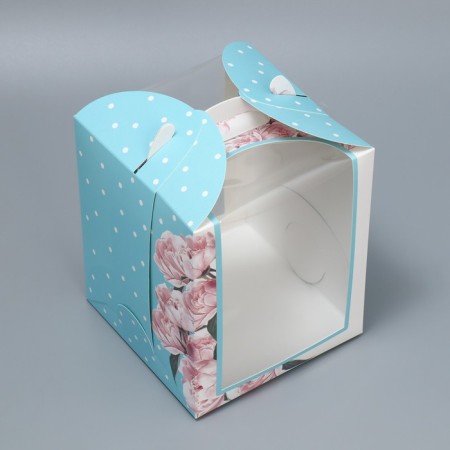 Box for small cake, confectionery packaging, “peonies”, 15 x 15 x 18 cm-2