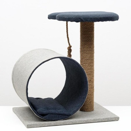 Complex for cats with a claw, with a tunnel and a shelf, 44 x 35 x 50 cm, mobbled, jute, gray-blue
