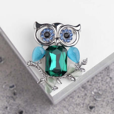 Brooch "Night Owl", the color is blue-green in silver-1