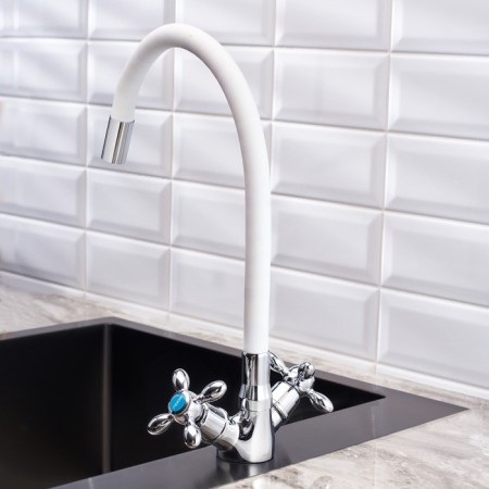 Kitchen mixer BOOU BA5318-1F-E351A-B702, flexible surge, brass, white/chrome-2