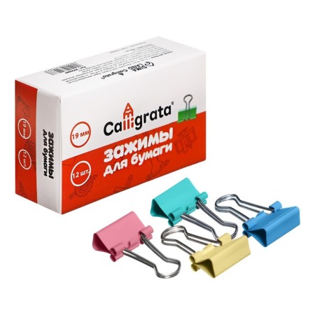 A set of paper clamps is 19mm, 12 pieces, 4 colors, in a cardboard box