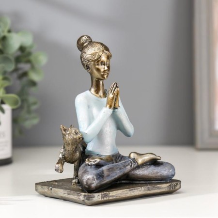 Polystone souvenir "Girl in the Lotus pose, with the cat" Blue 14x11x7.8 cm-1