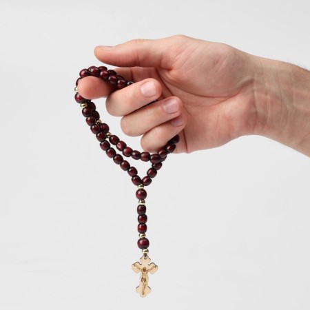 Parsing wooden "Orthodox" 50 beads through a ball, with a cross, brown color-2