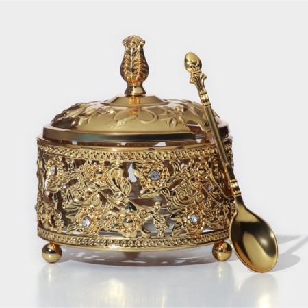 Sugar "Bouquet", 200 ml, 10 × 11 cm, with a spoon, cover, gold color-1