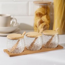 A set of glass cans for bulk products on an Eco wooden stand, 300 ml, with spoons, 3 pcs