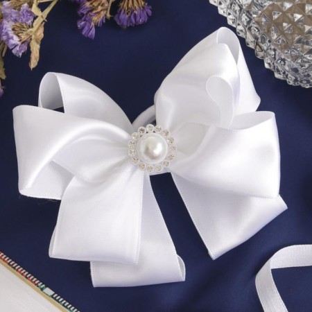 Hair gum "Schoolgirl" Bant Double Atlas Flower, 12 cm, white