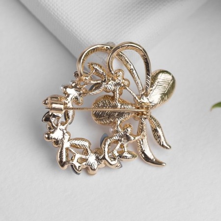 Brooch "Pearl Wreath" with a bow, brown color in gold-2