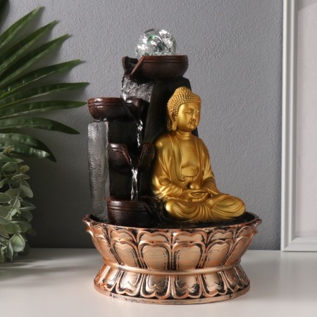 The desktop fountain from the network, the backlight "Buddha at the cliff with bowls" gold 20x20x30 cm-2
