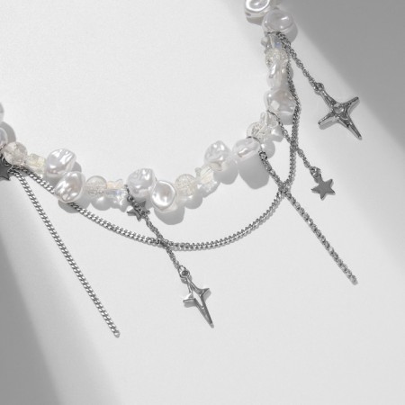 Choker-Kolie multi-layer "stars" pearl beads, white color in silver-1