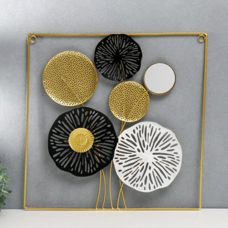 Souvenir wall metal with a mirror "Space flowers" gold with black 45x45 cm