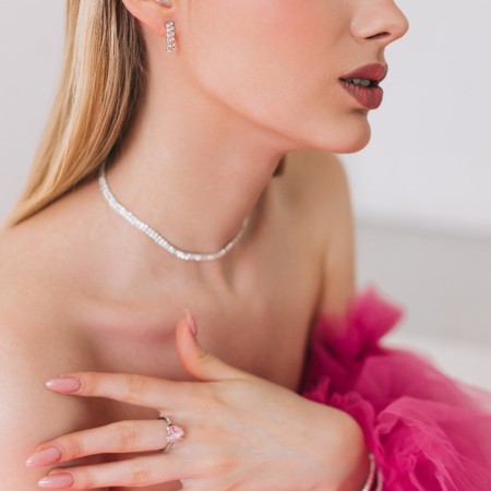 Set 2 objects: earrings, chocker "ice" two rows, white color in silver, 32 cm-2