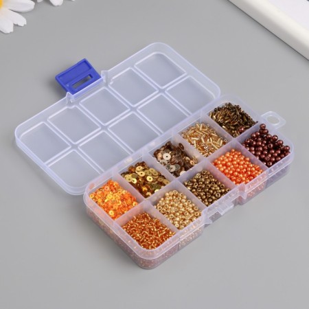 Glass beads 8/0, 12/0 in the box "gold" beads, glass and sequins 13x6.5x2.3 cm