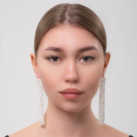 Hanging earrings with rhinestones "Waterfall" Square, white color in silver, 9.5 cm-4