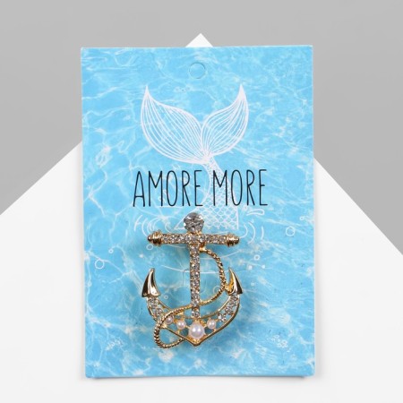 Brooch "Anchor" with beads, white color in gold