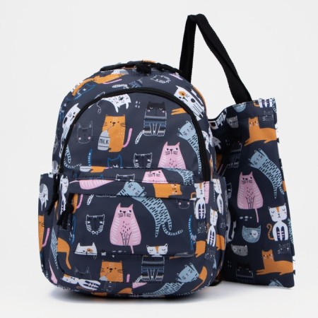 Set of a youth backpack from textiles, a shoper bag, blue color