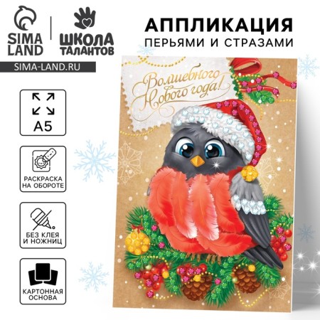 Application for the New Year with feathers and rhinestones "Snegier", New Year's set for creativity
