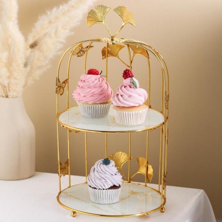 Standing for desserts 2-tier "marble", d = 21 cm, golden color of gold-3