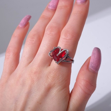 Ring "Heart" with stone, red color in silver, dimensionless-2