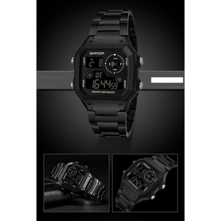 Electronic watch, D-4.4 cm, alarm clock, calendar, metal strap, black-1